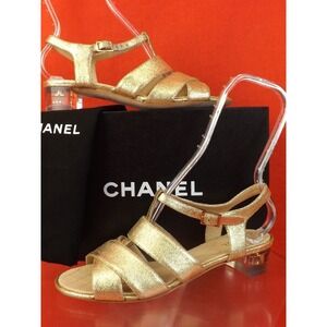 NIB CHANEL G30585 GOLD SHIMMER SUEDE STRAPPY CC LOGO LUCITE HEEL SANDALS 36.5